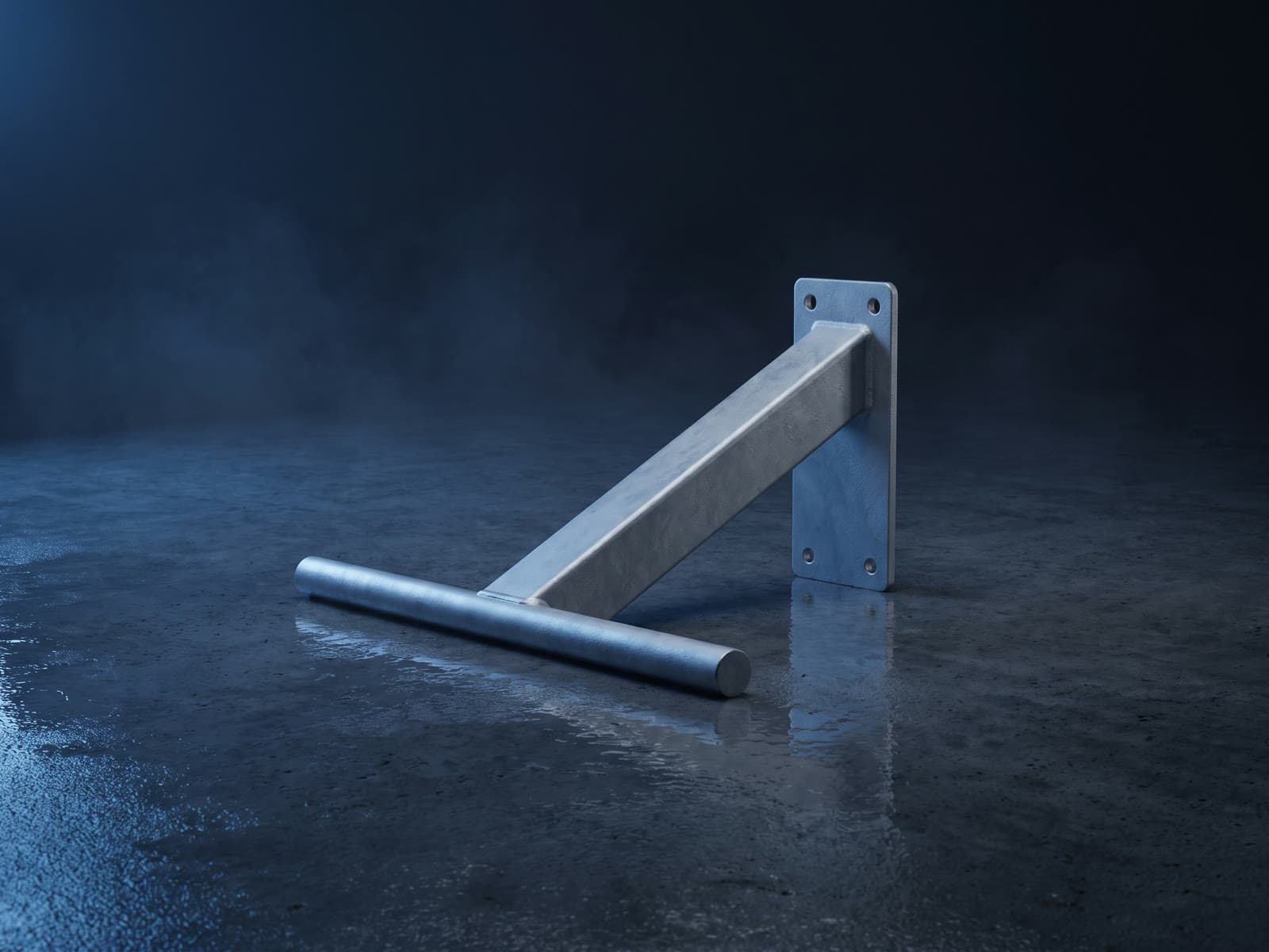 Soporte galvanizado para faldón, vista frontal sobre fondo oscuro